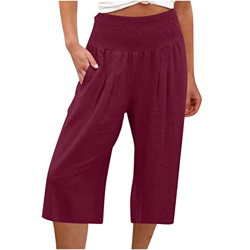 Sporthose Damen Kurz Baumwolle Shorts Damen Leinenhose Leicht 3/4 Knielang Chino Hose Damen Elastischer Bund Leinen Freizeithosen Damen Sommer Kleidung Laufhose MäDchen Jogginghose Gerades Bein von RLEHJN