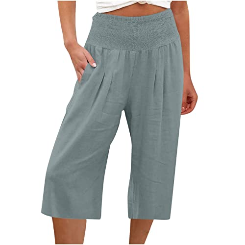 Sporthose Damen Kurz Baumwolle Shorts Damen Leinenhose Leicht 3/4 Knielang Chino Hose Damen Elastischer Bund Leinen Freizeithosen Damen Sommer Kleidung Laufhose MäDchen Jogginghose Gerades Bein von RLEHJN
