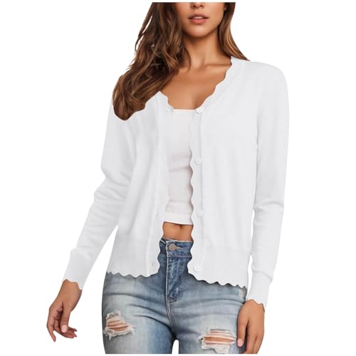 Strickjacke Damen V-Ausschnitt Weich und Sommerliche Cardigan Damen Eleganter mit Spitze Kurz Feinstrick Pullover mit Knöpfe Übergangsjacke für Frühling und Herbst Gestrickter Open Front Sweater von RLEHJN