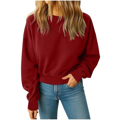 Sweatshirt Damen Pullover ohne Kapuze Einfarbig Basic Langärmelig Abgeschnittenes Sweatshirt Casual Langarmshirt Baumwolle Rundhals Pulli Sportlich Fitness Casual Basic T-Shirt von RLEHJN