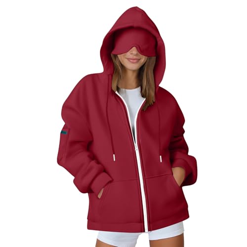 Zipper Hoodie Damen Oversize mit Integrierter Augenmaske Damen, Bequemer Flugzeugmodus,Sweatjacke Damen mit Kapuze Baumwolle Langarm Sweatshirt Sport Style Casual Kapuzenpullover mit Reißverschluss von RLEHJN