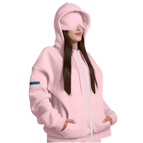 Zipper Hoodie Damen Oversize mit Integrierter Augenmaske Damen, Bequemer Flugzeugmodus,Sweatjacke Damen mit Kapuze Baumwolle Langarm Sweatshirt Sport Style Casual Kapuzenpullover mit Reißverschluss von RLEHJN