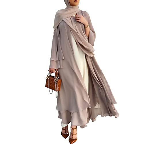 Abaya Dubai Türkei Muslim Chiffon Open Fashion Kleid Kaftan Islam Kleidung Afrikanische Maxikleider für Frauen mit Gürtel und Hijab Khaki XL von RLLJS