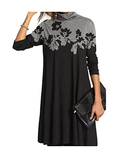 RLLJS Damen Kleid Lange Ärmel Lässig Lose Halbhoher Kragen Bedruckte Oberteile Basic Herbst Winter Kleid von RLLJS