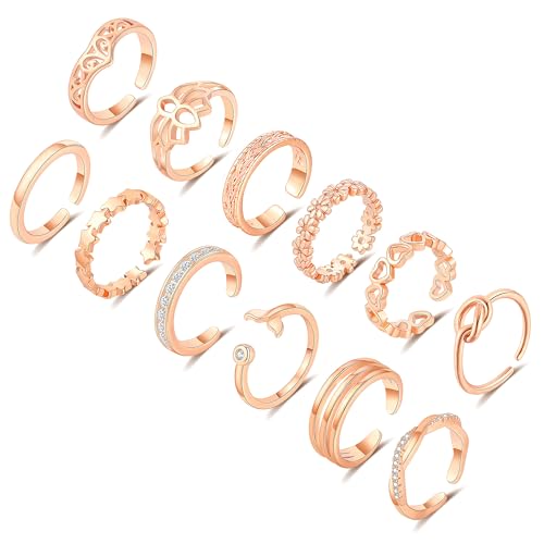 RLMOON 12 Stück Rosegold Zehenring für Damen 14K Vergoldete Verstellbare Offene Zehenband Ringe Delfin Blume Herz Zirkonia Zehenringe Sommer Maritim Strand Zehenringe for Frauen Mädchen Fußschmuck von RLMOON