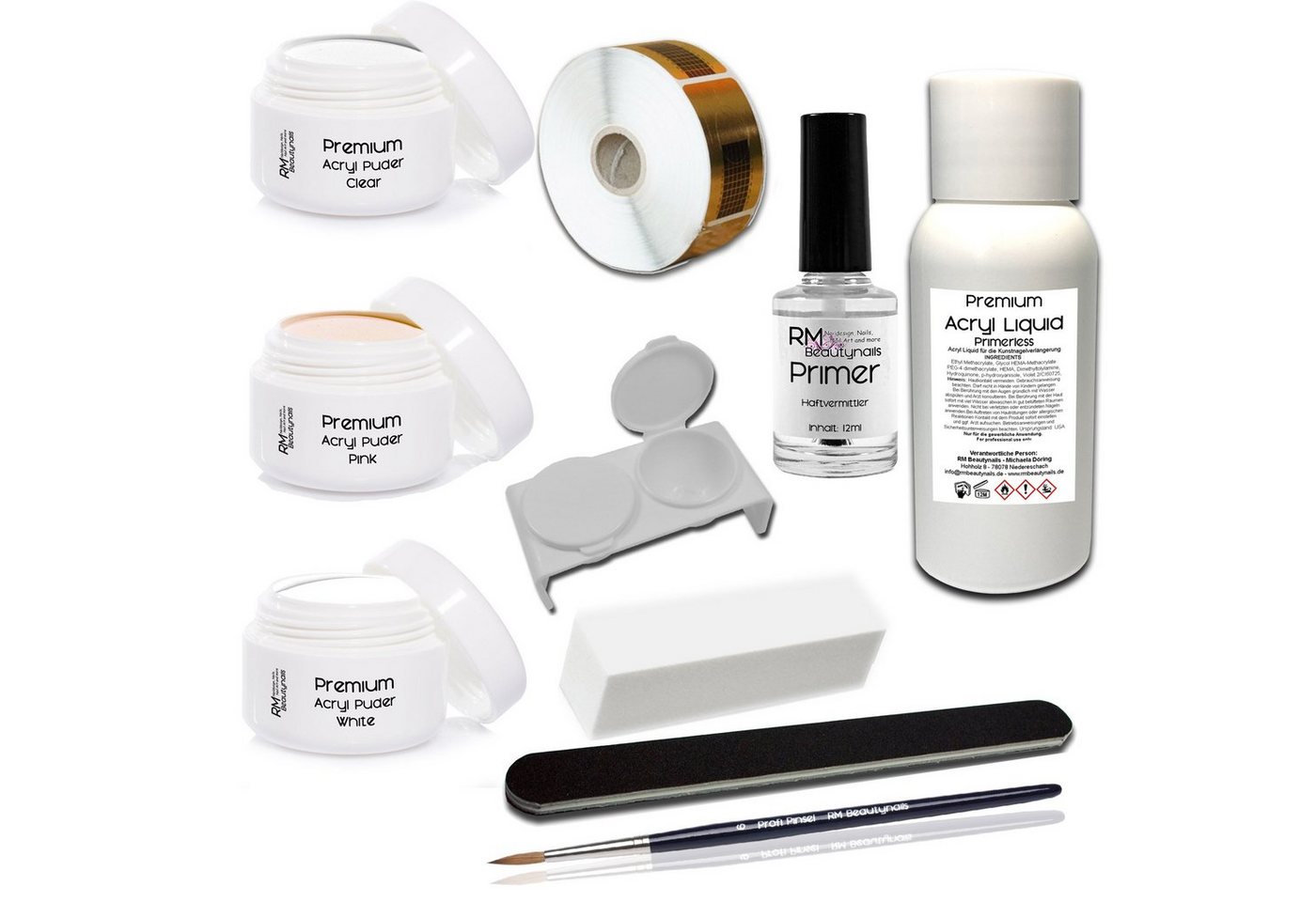 RM Beautynails Kunstfingernägel Acryl Set 1 Nagelset Starterset 50ml Liquid Acrylpuder Pulver Klar - Weiß - Pink Klar - Primer Feile Buffer, Starter Set 1-tlg., Bei einer Acrylmodellage benötigen Sie keine UV-Lampe, Acry Modellage Set in Studio Qualität von RM Beautynails