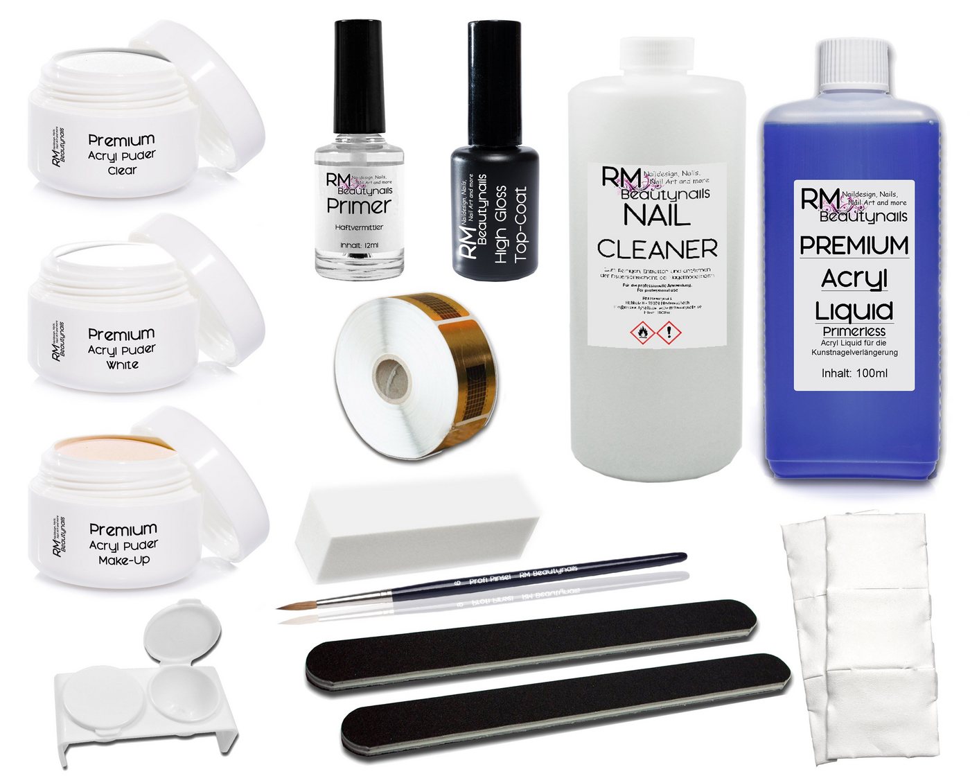 RM Beautynails Kunstfingernägel XL Acryl Nagel Set 4 3x 20g Acrylpuder Klar Weiß Make-Up 100ml Liquid 100ml Cleaner Pinsel Starterset, Starter Set 1-tlg., Bei einer Acrylmodellage benötigen Sie keine UV-Lampe, Acry Modellage Set in Studio Qualität von RM Beautynails