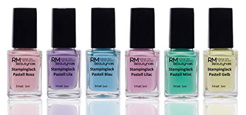 6x5ml Stamping-Lack Pastell Set Rosa Lila Blau Lilac Mint Gelb Nagellack Nail Polish Fingernägel (6er Pack) von RM Beautynails