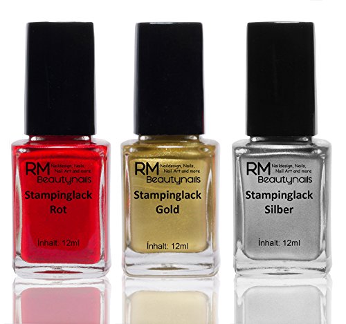 Stampinglack Set 3x12ml Gold Rot Silber Stamping Lack Nagellack Nail Polish RM Beautynails von RM Beautynails