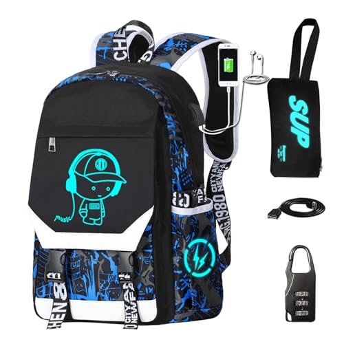 RM Family Leuchtender Rucksack für Jungen, 15,6 Zoll Laptop-Rucksack mit US, Blau, 16.5, Leuchtender Rucksack von RM Family