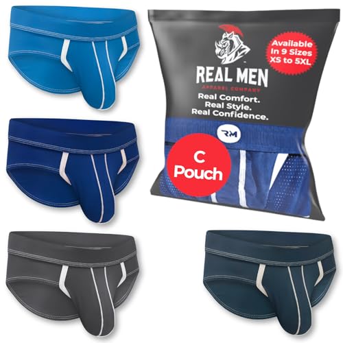Real Men Ausbuchtung Enhancing Pouch Unterwäsche für Männer - 1 und 4er Pack Set - Nylon Sport Slip ABCD Pouch, 4er-Pack, Blau/Dunkelblau/Dunkelgrau/Grau, X-Small von RM Real Men