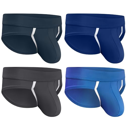 Bulge Enhancing Pouch Sport Slip Unterwäsche für Herren - 1 oder 4er Pack Ice Silk Slips mit Beutel in Größe B oder D Größe, D-Beutel, 4er-Pack, Blau, Grau, Dunkelblau, Dunkelgrau, 4X-Large von RM Real Men