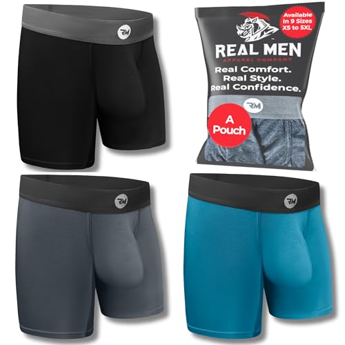 Real Men Bulge Enhancing Pouch Underwear for Men - 1 or 3 Pack Set - Modal Boxer Briefs with Size D Pouch, A Pouch 17,8 cm 3er-Pack - Schwarz Blau Grau, Medium von RM Real Men