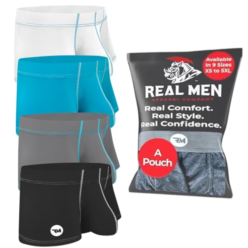 Real Men Bulge Enhancing Pouch Underwear for Men - 1 or 4 Pack Nylon 3 Inches- Ice Silk Mens Boxer Briefs with B and D Pouch, D Pouch 4er-Pack - Schwarz Weiß Grau Cyan, Large von RM Real Men