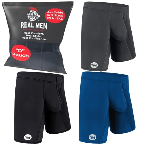 Real Men Bulge Enhancing Pouch Underwear for Men - 1 or 4 Pack Set 6-7 Inch Ice Silk Mens Boxer Briefs with Size D Pouch, Schwarz Blau Grau 7 Zoll 3er-Pack D Pouch, Medium von RM Real Men