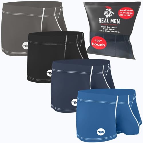 Real Men Bulge Enhancing Pouch Underwear for Men - 1 or 4 Pack Set - Ice Silk Mens Boxer Briefs with Size B & D Pouch, D Pouch 4er-Pack - Dunkelblau, Hellblau, Schwarz, Grau, Medium von RM Real Men