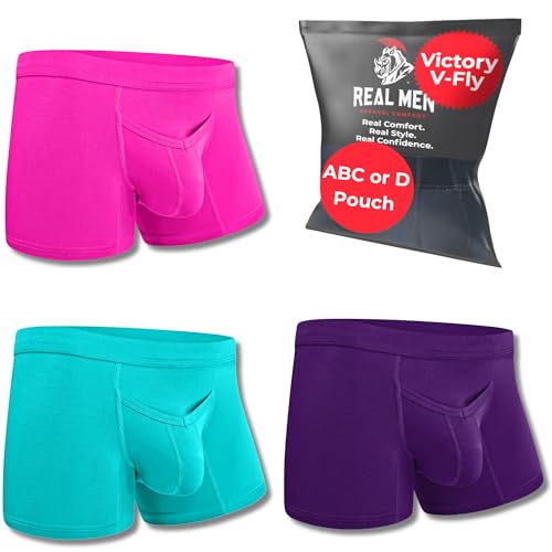 Real Men Bulge Enhancing Pouch Unterwäsche für Herren - 1 oder 3er Pack Set - Modal Boxershorts ABCD Pouch, B Pouch V Fly 3 Pk 7,6 cm Lila Rosa Türkis, Medium von RM Real Men