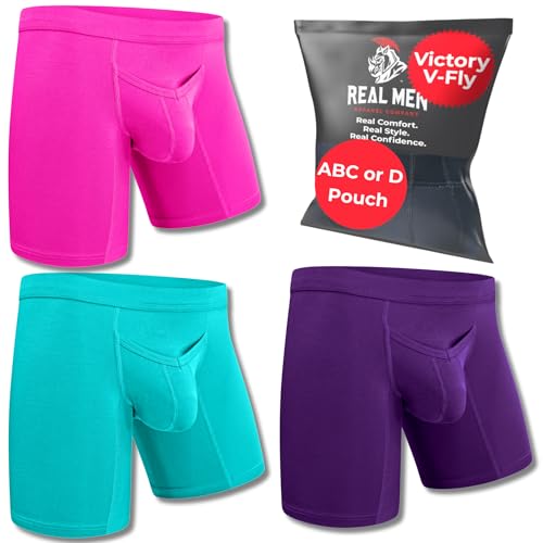 Real Men Bulge Enhancing Pouch Unterwäsche für Herren - 1 oder 3er Pack Set - Modal Boxershorts ABCD Pouch, B Pouch V Fly 3 Stück 17,8 cm Lila Rosa Türkis, Medium von RM Real Men
