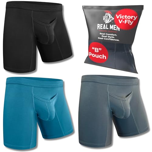 Real Men Bulge Enhancing Pouch Unterwäsche für Herren - 1 oder 3er Pack Set - Modal Boxershorts mit Größe D Beutel, B Pouch 17,8 cm 3er-Pack - Schwarz Blau Grau Vfly, Medium von RM Real Men
