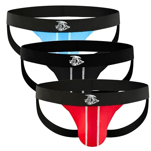 Real Men Jockstrap Nylon Mesh Jockstrap 3er Pack with ABCD Pouch - Black/Light Blue/Red, 3er-Pack – Schwarz/Hellblau/Rot, X-Large von RM Real Men