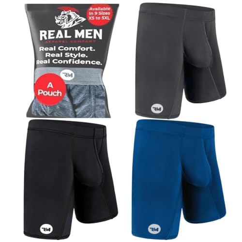 Real Men Unterwäsche für Herren, 1 oder 4 Stück, 15,2 - 17,8 cm, Eisseide, Herren-Boxershorts mit B & D-Beutel, Ein Beutel, 3er-Pack, Schwarz, Blau, Grau, Medium von RM Real Men