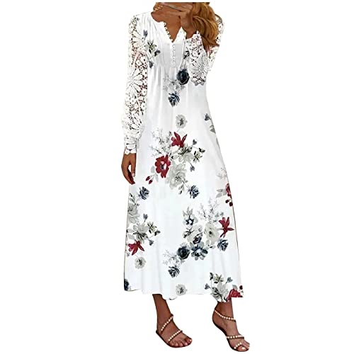 Abendkleid Lang Satinkleid Abendkleid Blumen Bedruckt Spitzenärmel Maxikleid Vintage Boho Kleid Knopfleiste Basic Strandkleid Langarm Abschlusskleid Tunika Kleid Hemdkleid Schwarzes Kleid (Rot L) von RMBLYfeiye