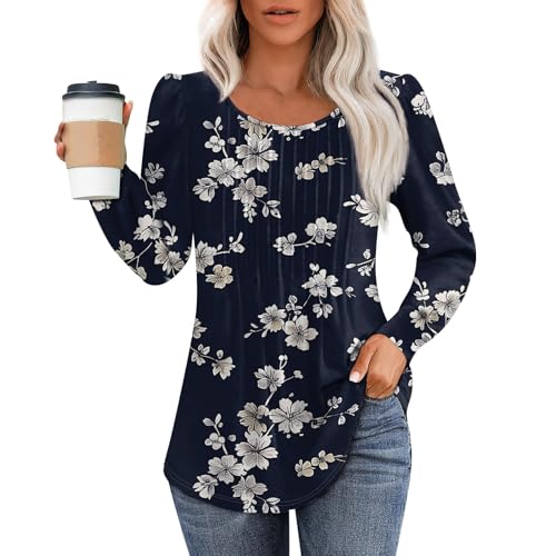 Activewear Für Damen Fledermaus Shirt Tactical Rundhals Langarm Longshirt Plissee Blumen Bedruckt Pullover Herbst Oberteile Bluse Schwarz 3XL von RMBLYfeiye