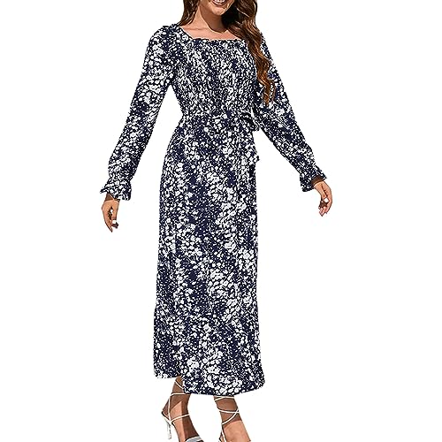 Ballkleider Damen Chiffonkleid Damen Sweatkleid U-Ausschnitt Gerippt Blümchen Kleid Lang Elegant Boho Kleid mit Gürtel Trompetenärmel Cocktailkleid Kleid A Linie (Schwarz, XXL von RMBLYfeiye