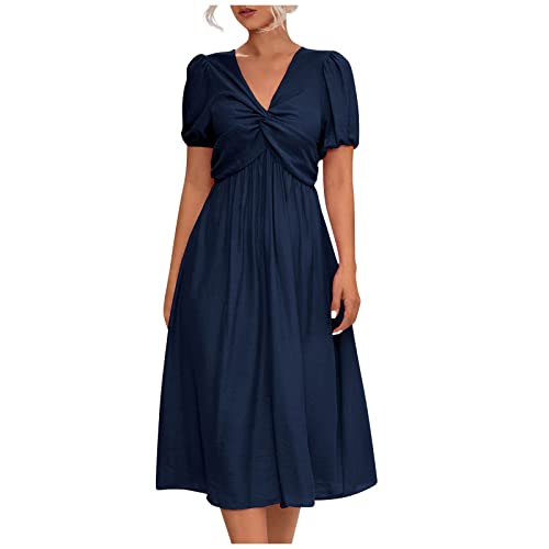 Ballkleider Damen V-Ausschnitt Einfarbiges Plissiertes Abendkleid Mit Gürtel Hohe Taille Kurzarm Tunika Kleid Tailliert Elegant Maxikleid Puffärmel Cocktailkleid Abendkleider Elegant Für Hochzeit von RMBLYfeiye