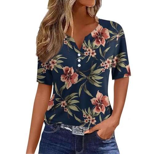 Bluse Damen Sommer Damen Tunika Opus Bluse Damen V-Ausschnitt Blumen Bedruckt Blusenshirt Mit Knopfleiste Henley Shirt Locker Laufshirt Hemdbluse Festliche Oberteile Hemden Für Jungen (Marine, M) von RMBLYfeiye