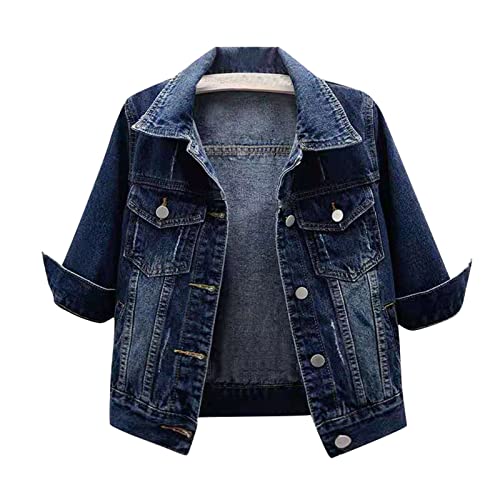 Bolero Damen Festlich Schwarze Weste Damen Strickjacke Damen Große Größen Reverskragen Druckknopf 3/4 Ärmel Denim Cardigan Elegant Jeans Boleros Mit Brusttasche Winter Jacke (Dunkelblau 3XL) von RMBLYfeiye