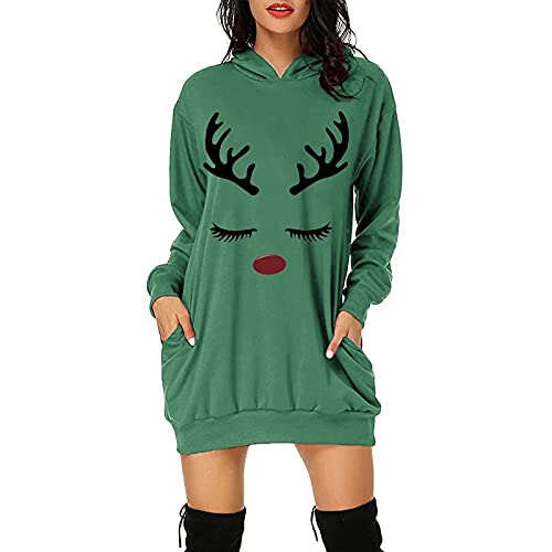 Christmas Hoodie Kleid Damen Weihnachtspullover Weihnachtskleider Hoodie Weihnachtspullover Damen Rentier Print Hoodie Kleid Langes Weihnachtskleid mit Taschen von RMBLYfeiye