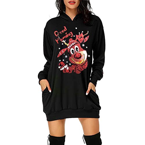 Christmas Hoodie Kleid Damen Weihnachtspullover Weihnachtskleider Hoodie Weihnachtspullover Damen Rentier Print Hoodie Kleid Langes Weihnachtskleid mit Taschen von RMBLYfeiye