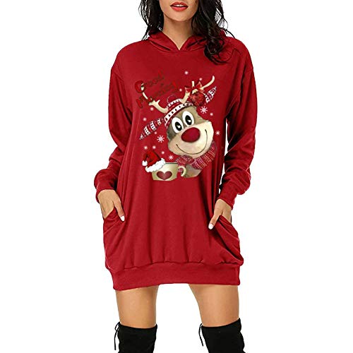 Christmas Hoodie Kleid Damen Weihnachtspullover Weihnachtskleider Hoodie Weihnachtspullover Damen Rentier Print Hoodie Kleid Langes Weihnachtskleid mit Taschen von RMBLYfeiye