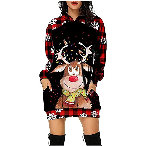 Christmas Hoodie Kleid Damen Weihnachtspullover Weihnachtskleider Hoodie Weihnachtspullover Damen Rentier Print Hoodie Kleid Langes Weihnachtskleid mit Taschen von RMBLYfeiye