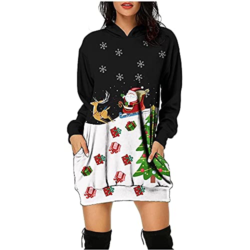 RMBLYfeiye Christmas Hoodie Kleid Damen Weihnachtspullover Weihnachtskleider Hoodie Weihnachtspullover Damen Rentier Print Hoodie Kleid Langes Weihnachtskleid mit Taschen von RMBLYfeiye