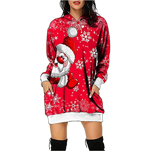 Christmas Hoodie Kleid Damen Weihnachtspullover Weihnachtskleider Hoodie Weihnachtspullover Damen Rentier Print Hoodie Kleid Langes Weihnachtskleid mit Taschen von RMBLYfeiye