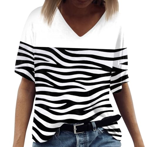 Damen Blusen Silvester Tshirt Shirt Zebra Druck T Shirt V-Ausschnitt Kurzarm Casual Aesthetic Shirt Sommer Oberteile Tshirt Bedrucken Sweatshirt Damen (Schwarz, M) von RMBLYfeiye