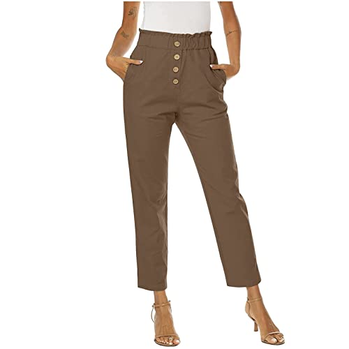 Damen Hosen High Waist Palazzo Hose Damen Bauchweg Hose Damen High Waist Einfarbiges Knopfleiste 7/8 Hosen Mit Taschen Baumwoll Leinen Locker Chino Hose Leicht Stoffhose Weite Hose Damen (Kaffee, L) von RMBLYfeiye