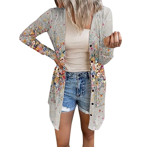 RMBLYfeiye Damen Strickjacke Lang Weiß Western Outfit Blumenmuster Leichte Übergangsjacke Mit Knopfleiste Elegant Cardigan Langarm Blouson Dünne Jacke von RMBLYfeiye