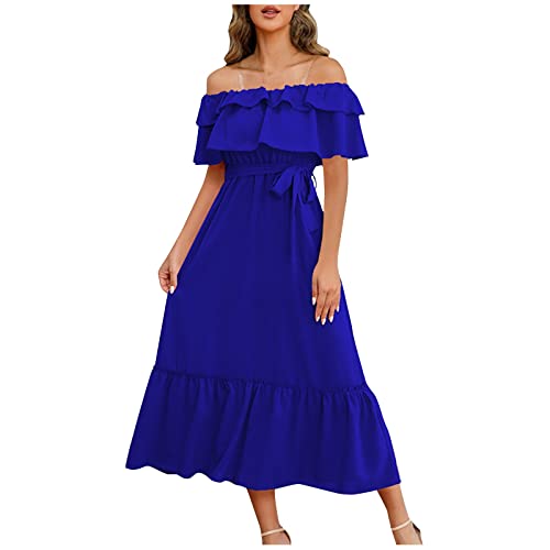 Elegantes Kleid Damen Festlich Kleid Sommer Boho Kleid U-Ausschnitt Einfarbiges Rüschenärmel Maxikleid Hohe Taille Rüschensaum Tunika Kleid Mit Gürtel Faltenkleid Chiffonkleid Damen (Blau Xl) von RMBLYfeiye