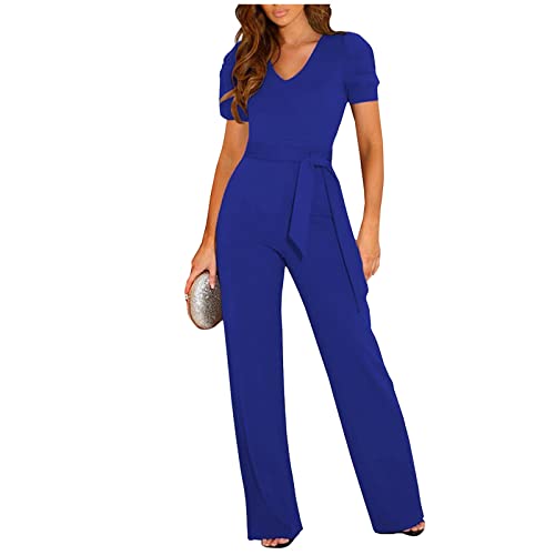 Enger Jumpsuit Damen Jumpsuit Herren Kuschelig Overall Kostüm Damen Rundhals Einfarbiges Rüschenärmel Hosenanzug Mit Gürtel Straight Leg Jumpsuit Hochzeit Gast Jumpsuit Elegant (Königsblau, M) von RMBLYfeiye