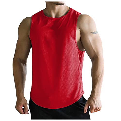 Fitness Shirt Herren Gym Herren Hemd Grün Tshirt Männer Rundhals Einfarbiges Stringer Tank Top Regular Fit Muskelshirts Ärmellos Trägershirt Grüne Poloshirts (Rot, M) von RMBLYfeiye