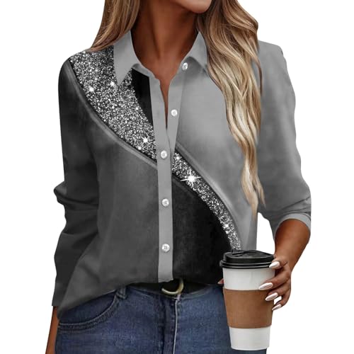 Glitzer Shirt Damen Tshirt Damen Oversize Laufshirt Damen Langarm Revers 3D Druck Hemdbluse Mit Knopfleiste Langarmshirt Basic Tunika Tops Sommer Oberteile Oversize Shirt Longbluse Damen (Grau, L) von RMBLYfeiye