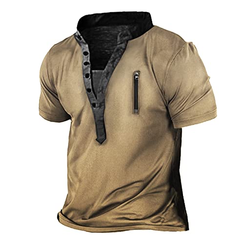 Henley Shirt Herren Herrenhemden Langarm Cowboy Hemd Poloshirt Herren Kurzarm V-Ausschnitt Retro Druck Henley Shirt Knopfleiste Tactical Shirts Funktionsshirt (Khaki, M) von RMBLYfeiye