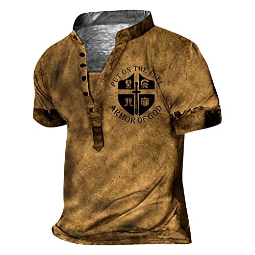 Herren Tshirt Set Hemd Ohne Kragen Herren Cowboy Hemd Poloshirt Herren Kurzarm V-Ausschnitt Retro Druck Henley Shirt Knopfleiste Tactical Shirts Funktionsshirt (Gelb, 3XL) von RMBLYfeiye