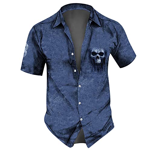 Herren Tshirt V Ausschnitt Mittelalter Hemd Herren Longsleeve Herren Reverskragen Druckknopf Totenkopf Drucken Hemd Kurzarm Regular Fit Arbeitshemd Locker Sommerhemd Herren Shirts (Blau, L) von RMBLYfeiye