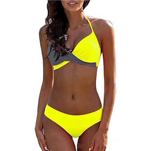 High Waist Bikini Bikini Sexy Tankini Damen Große Größen Bikini Push Up V-Ausschnitt Einfarbiges Spaghetti Bikini Set Triangel Bikini Neckholder Zweiteiliger Badeanzug Badeshorts Damen (Gelb, M) von RMBLYfeiye