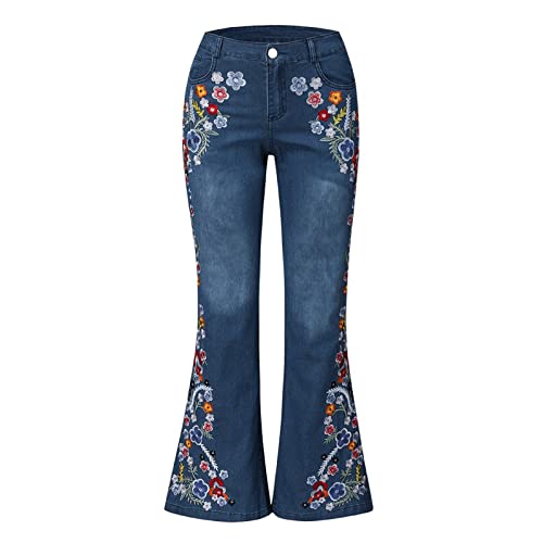 High Waist Hose Damen Hosen Damen Stretch Leichte Sommerhose, Damen Retro Boho Jeans Blumenstickerei Jegging Jeans Mit Taschen Slim Fit Skinny Jeans A Linien Schlaghose Haremshose Damen Dunkelblau Xxl von RMBLYfeiye