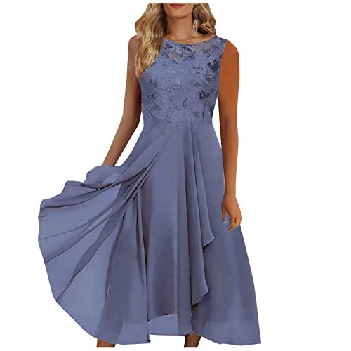 Hippie Kostüm Damen Abschlusskleider Kleider Damen Rundhals Ärmellos Blumen Bedruckt Chiffon Kleid Plissiertes Spitzenkleid Elegant Tunika Kleid A Line Brautjungferkleid Wednesday Kleid (Blau M) von RMBLYfeiye